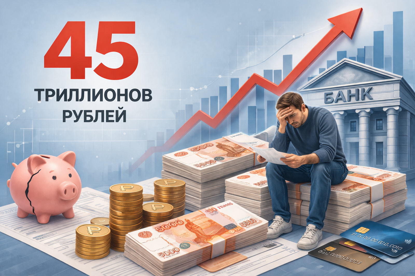Долги россиян перед банками достигли рекордных 45 триллионов рублей