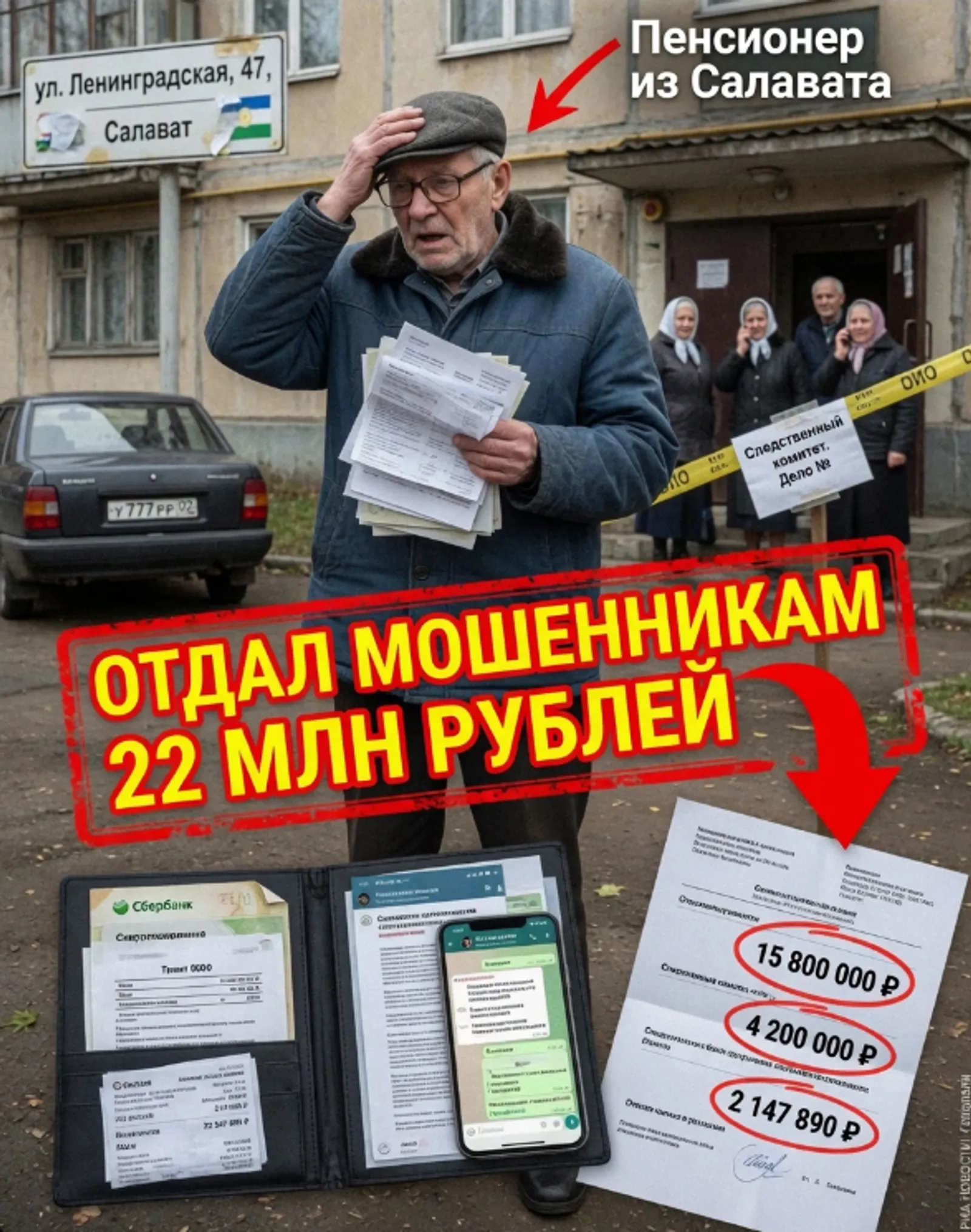 Пенсионер из Салавата подарил курьеру мошенников 22 миллиона рублей